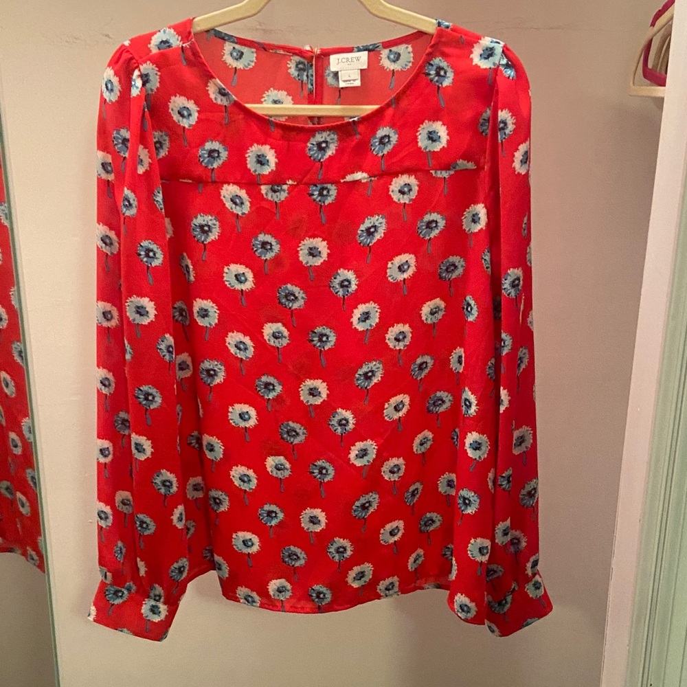 J. Crew Bright Red Floral Long-Sleeve Blouse